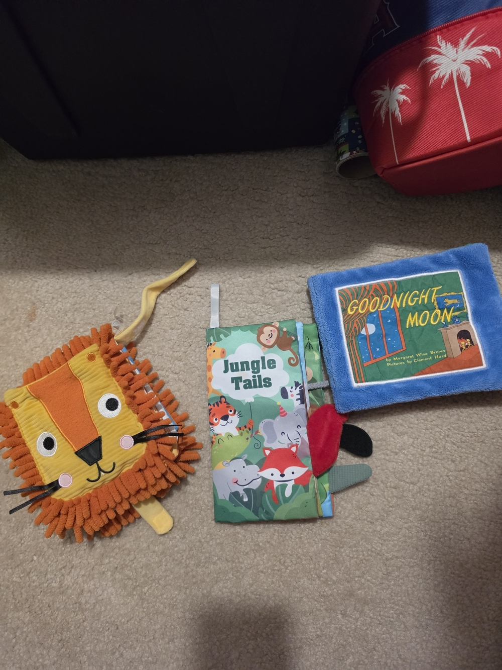 Plush Lion Jungle Tails Sensory Toy and Goodnight Moon Blue Fabric Book Set